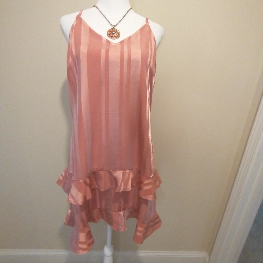 Pinch Striped Satin Midi Dress wth Ruffled Hem In Shimmery Peach and Pink Tones